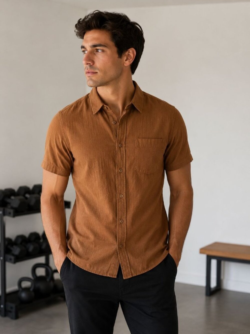 Bridge & Burn Original Slim Men’s Brown Short Sleeve Button Up Shirt Size L